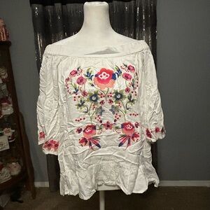 Altar'd State White Blouse with Colorful Floral Embroidery